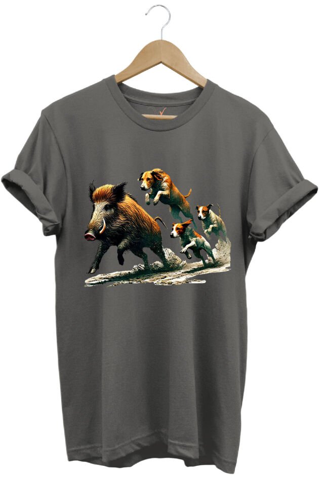 Avcılık Hunter Domuz Avı Ve Av Köpekleri Baskılı Regular Fit %100 Pamuk Gri T-shirt Antrasit - 3XL