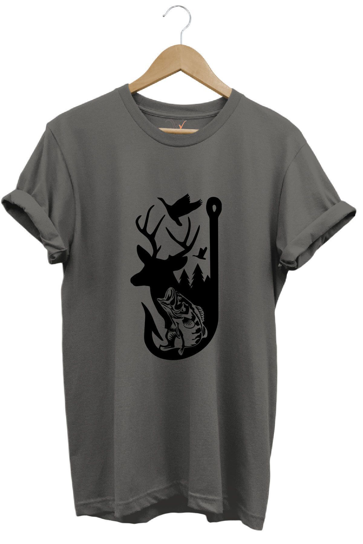 Avcılık Hunter Outdoor Geyik Balık Çulluk Baskılı %100 Pamuk Regular Fit Kırmızı T-shirt Antrasit - 2XL
