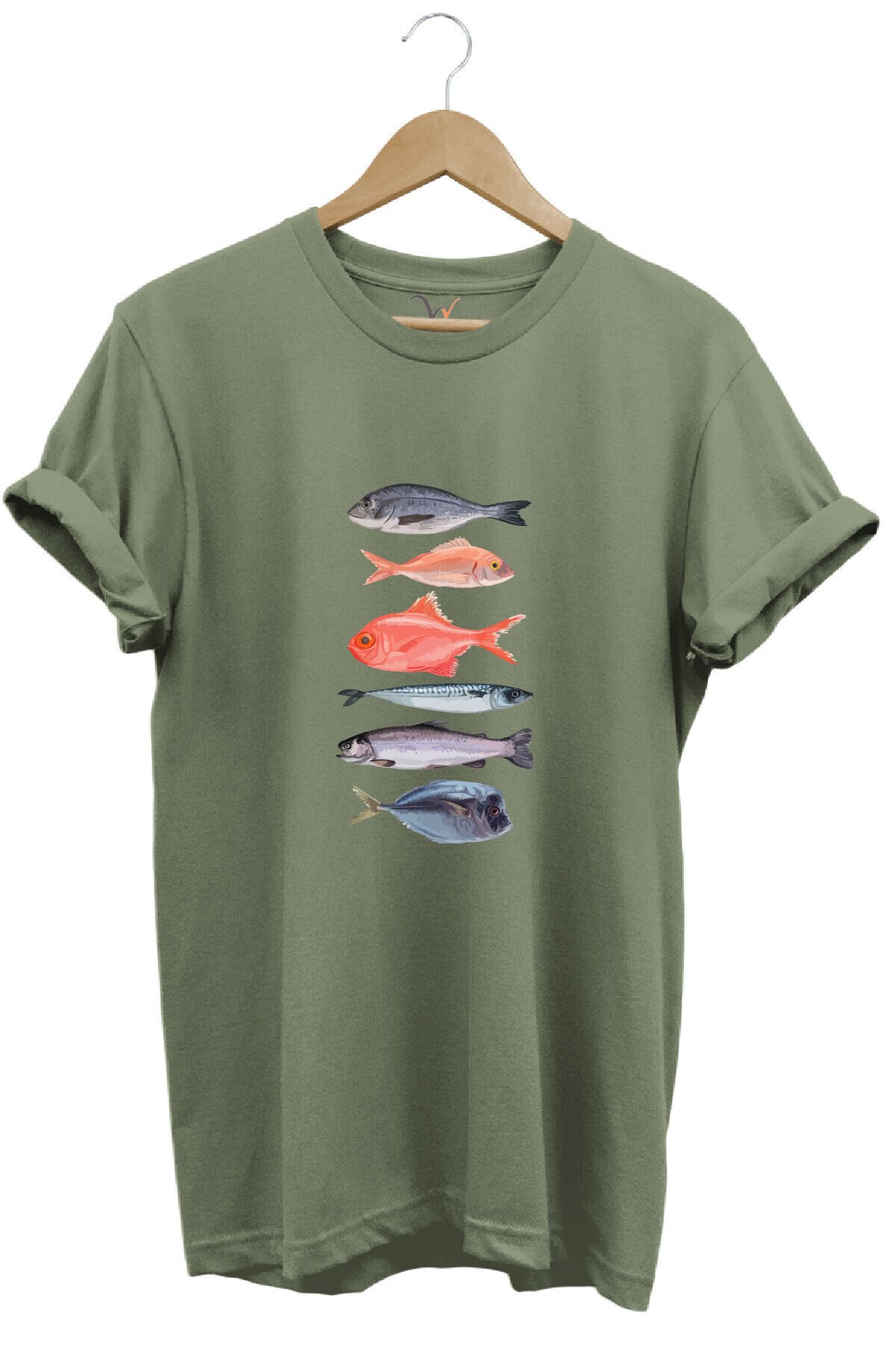 Fishing Balıkçılık Baskılı Renkli Çeşitli Balık Tasarım %100 Pamuk Regular Fit Bisiklet Yaka T-Shirt Haki - 2XL