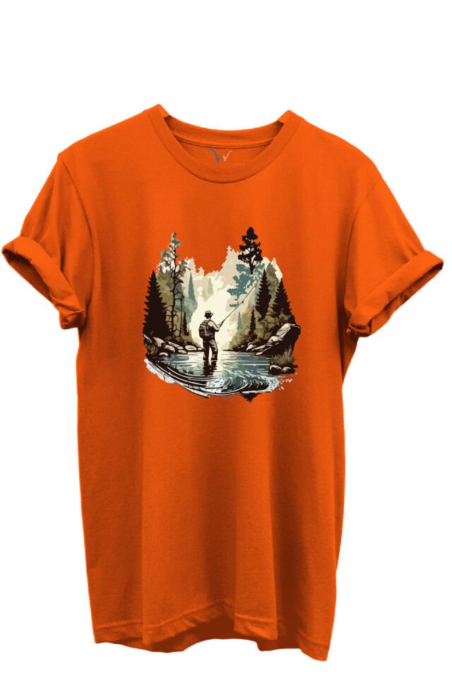 Balık Tutma Temalı Kampçı Desenli %100 Pamuk Regular Fit Unisex T-Shirt Turuncu - L