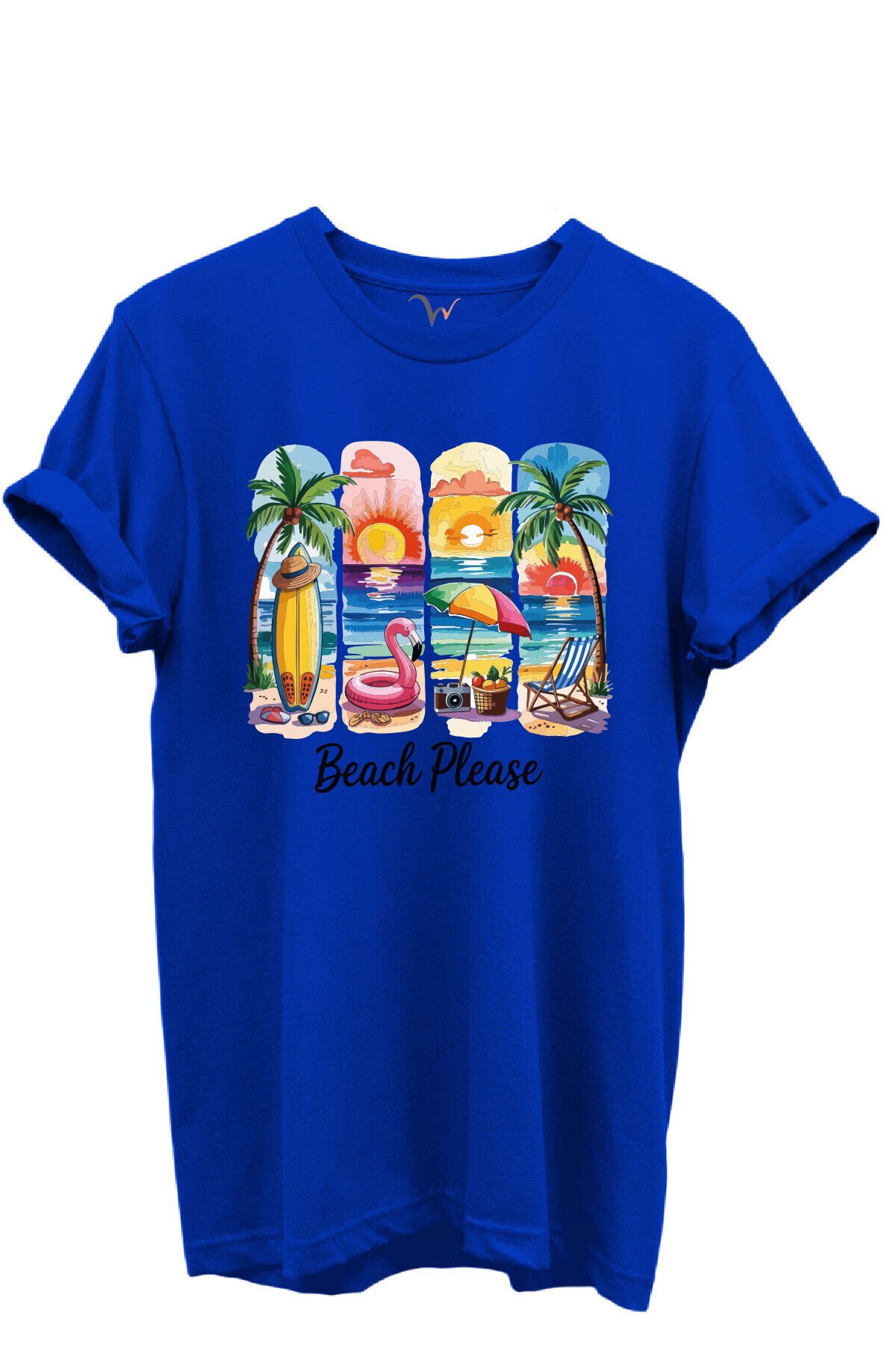 Beach Please Yazılı Renkli Plaj ve Gün Batımı Temalı %100 Pamuk Regular Fit Unisex T-Shirt Mavi - XL