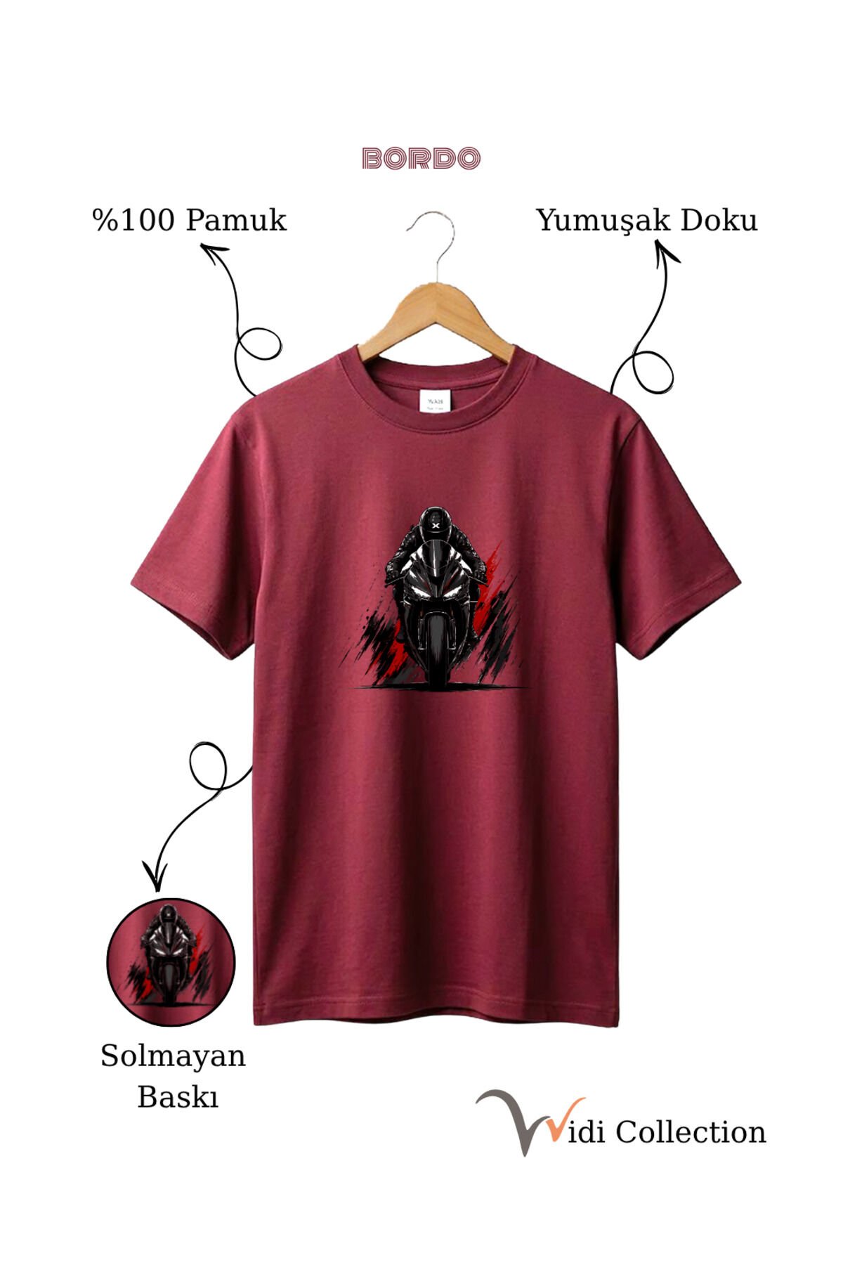Spor Motor Baskılı Hız Temalı %100 Pamuk Unisex Regular Fit T-Shirt Bordo - 2XL