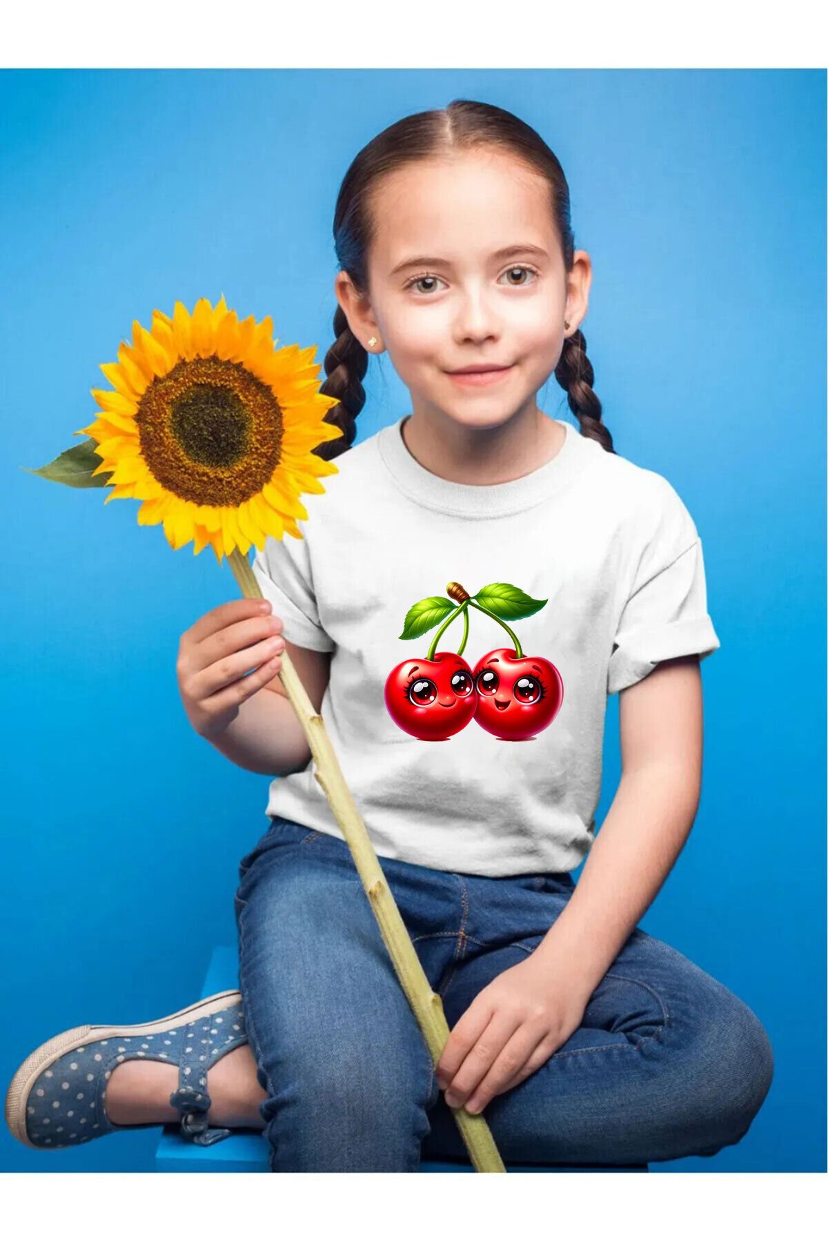 Sevimli Kiraz Baskılı Çocuk %100 Pamuk Beyaz T-shirt Beyaz - 7-8 Yaş
