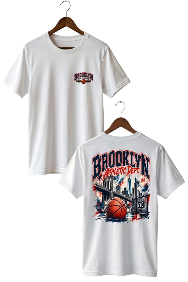 Brooklyn Basketbol Ön Arka Baskılı Oversize Unisex T-Shirt – Vintage Streetwear
