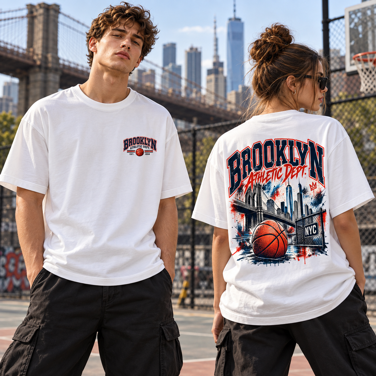 Brooklyn Basketbol Ön Arka Baskılı Oversize Unisex T-Shirt – Vintage Streetwear