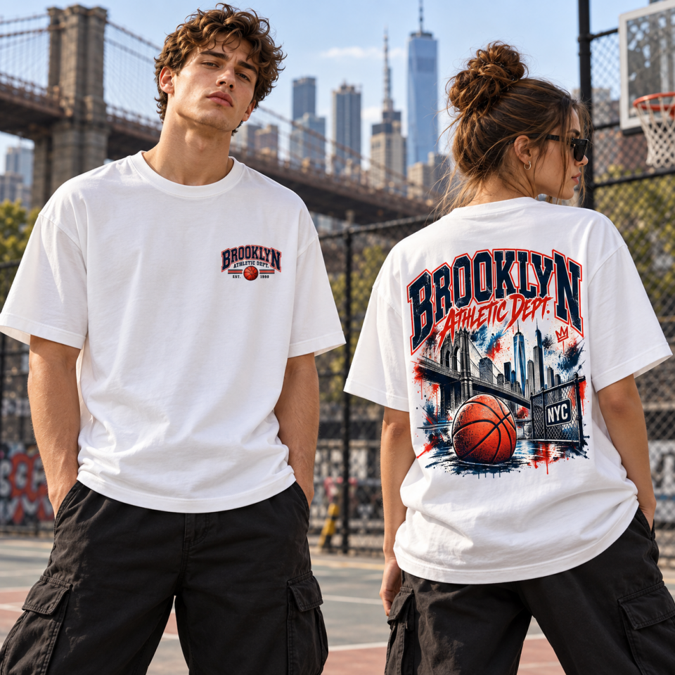 Brooklyn Basketbol Ön Arka Baskılı Oversize Unisex T-Shirt – Vintage Streetwear