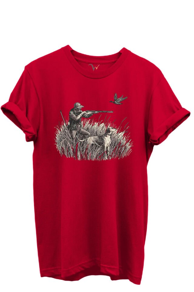 Outdoor Avcılık Avcı, Köpek ve Kuş Desenli %100 Pamuk Regular Fit Bisiklet Yaka Unisex T-shirt Kırmızı - L