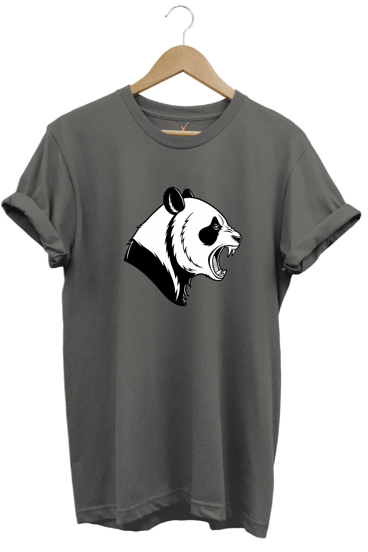 Kızgın Kükreyen Panda Baskılı %100 Pamuk Bisiklet Yaka Regular Fit Mavi T-shirt Gri - L