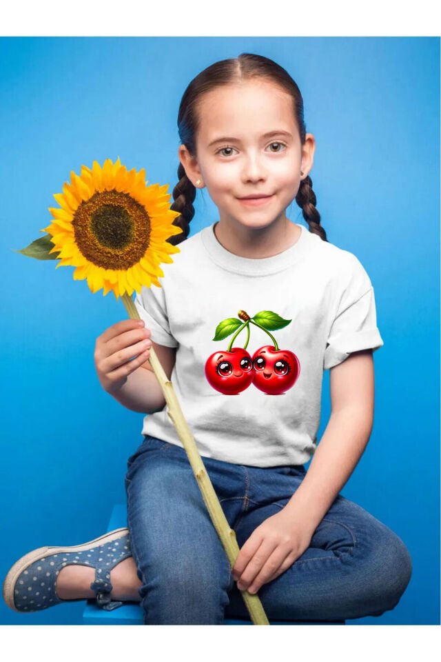 Sevimli Kiraz Baskılı Çocuk %100 Pamuk Beyaz T-shirt Beyaz - 11-12 Yaş