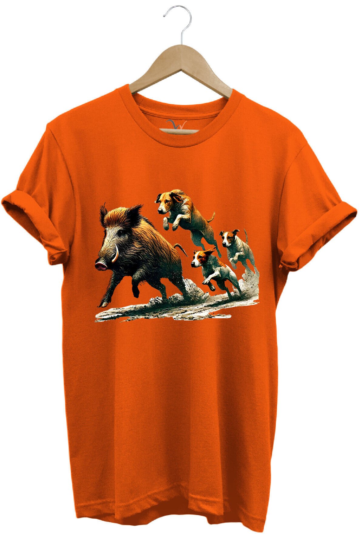 Avcılık Hunter Domuz Avı Ve Av Köpekleri Baskılı Regular Fit %100 Pamuk Gri T-shirt Turuncu - M