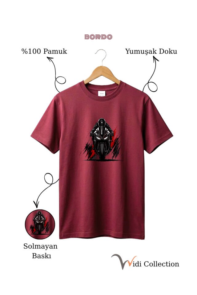 Spor Motor Baskılı Hız Temalı %100 Pamuk Unisex Regular Fit T-Shirt Bordo - M