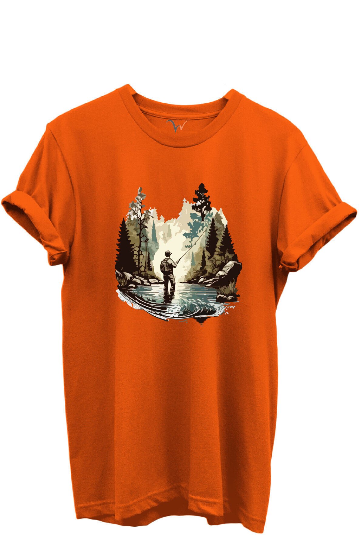 Balık Tutma Temalı Kampçı Desenli %100 Pamuk Regular Fit Unisex T-Shirt Turuncu - XL