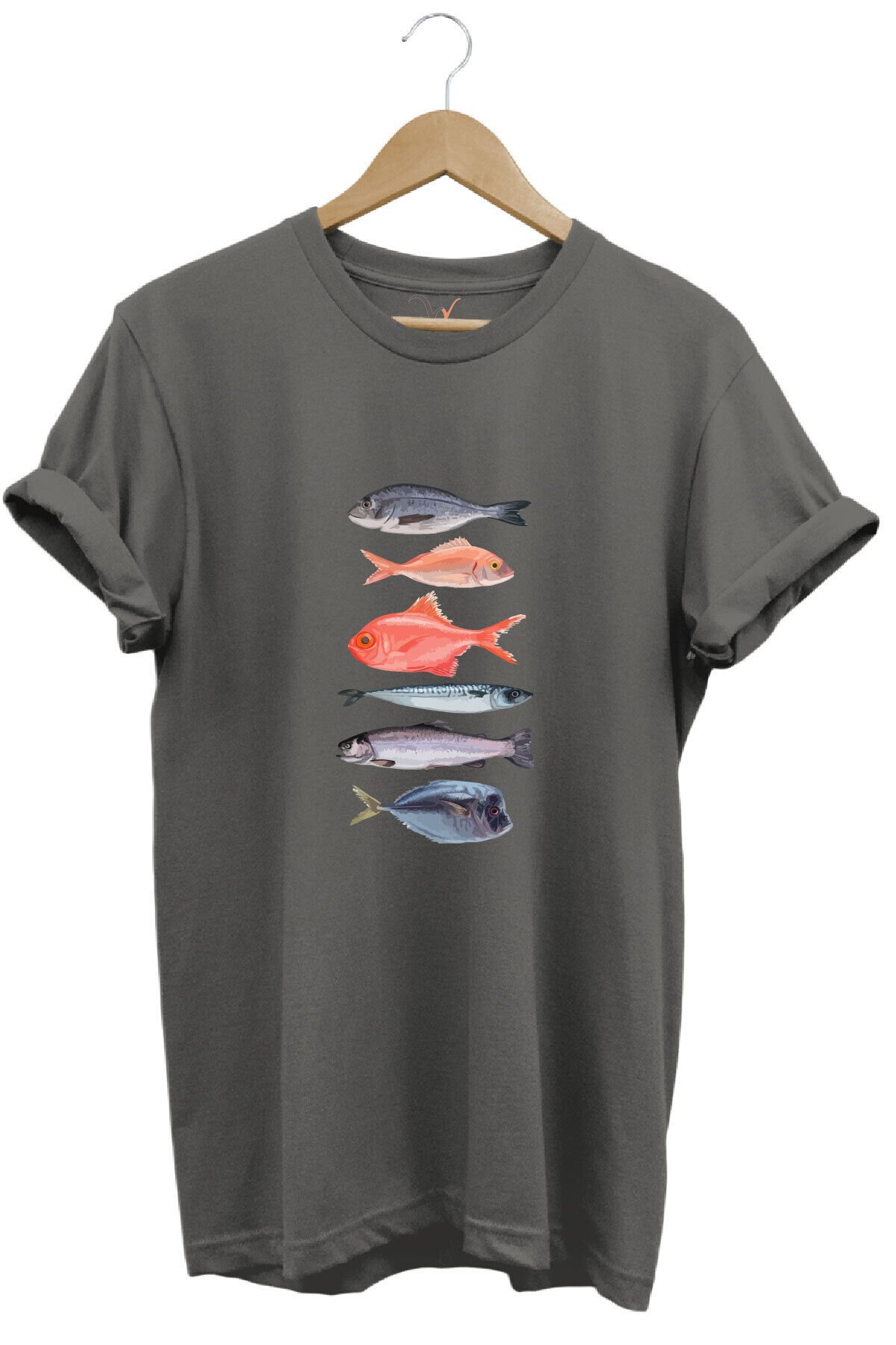 Fishing Balıkçılık Baskılı Renkli Çeşitli Balık Tasarım %100 Pamuk Regular Fit Bisiklet Yaka T-Shirt Gri - 2XL