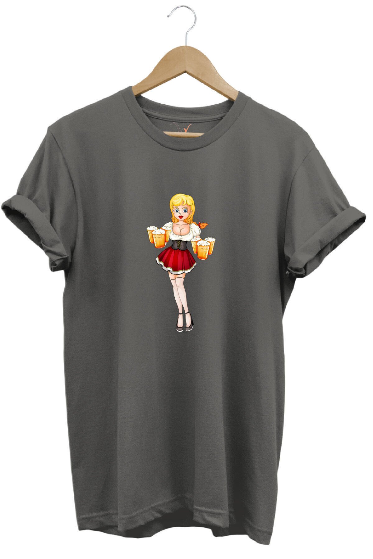 Barmen Kız Baskılı %100 Pamuk Regular Fit Bisiklet Yaka Mavi T-shirt Gri - L