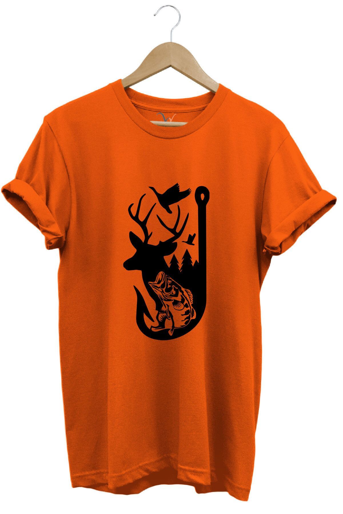 Avcılık Hunter Outdoor Geyik Balık Çulluk Baskılı %100 Pamuk Regular Fit Kırmızı T-shirt Turuncu - S