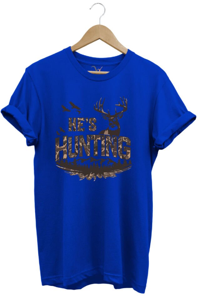 Kamuflaj Desenli Hunting Yazısı ve Geyik Baskılı %100 Pamuk Rahat Kalıp Premium Tişört Saks Mavi - XL