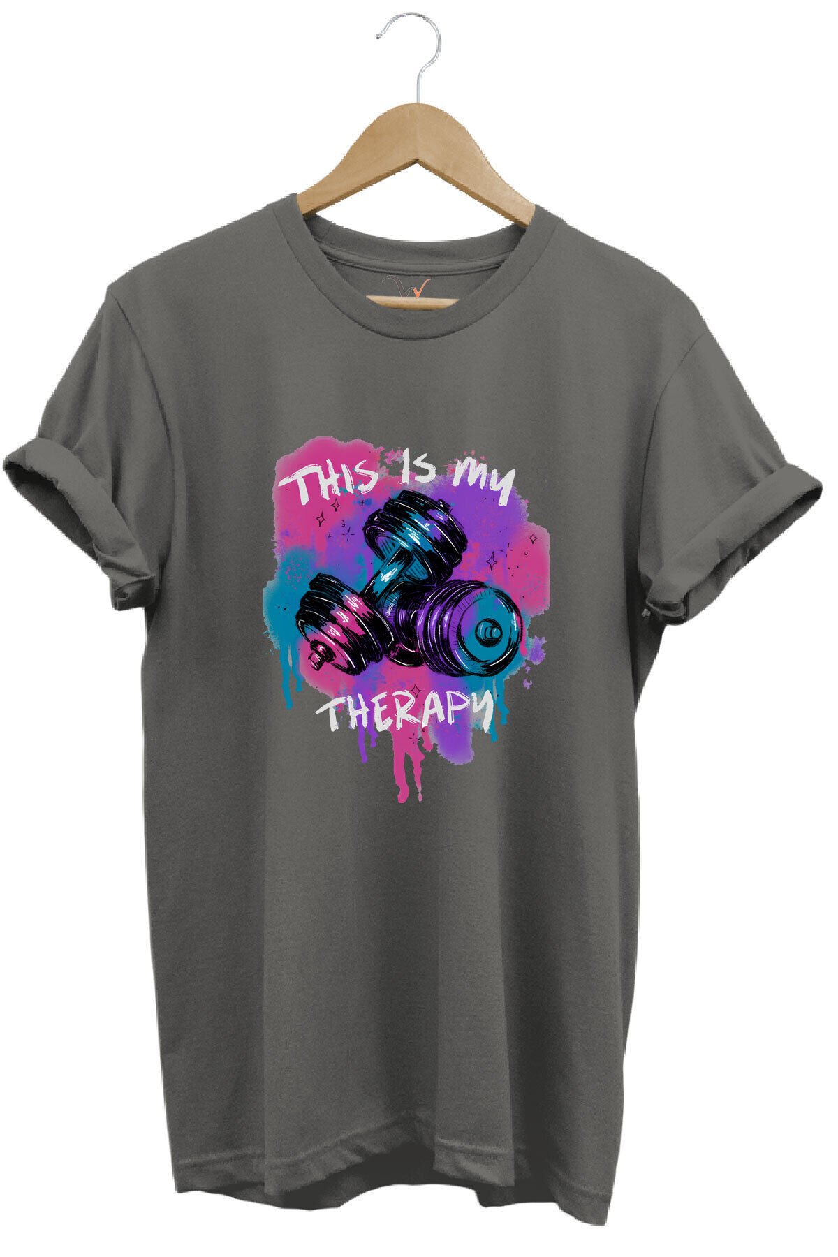 This is my therapy Gym Sporcu Fitness Dambıl Baskılı %100 Pamuk Regular Fit Bisiklet Yaka T-shirt Gri - 2XL