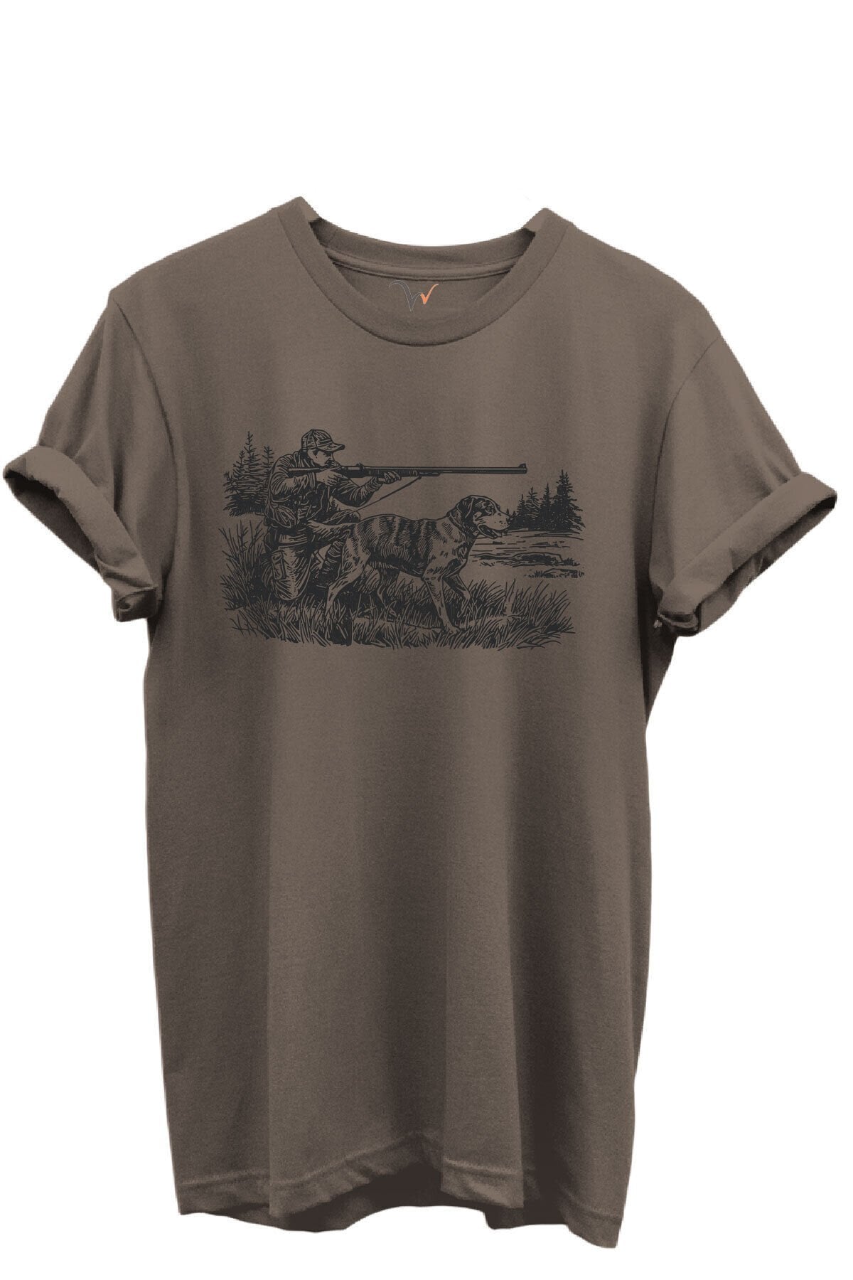 Avcı ve Av Köpeği Av Sahnesi Çizim Baskılı %100 Pamuk Regular Fit Bisiklet Yaka Unisex T-shirt Kahverengi - M