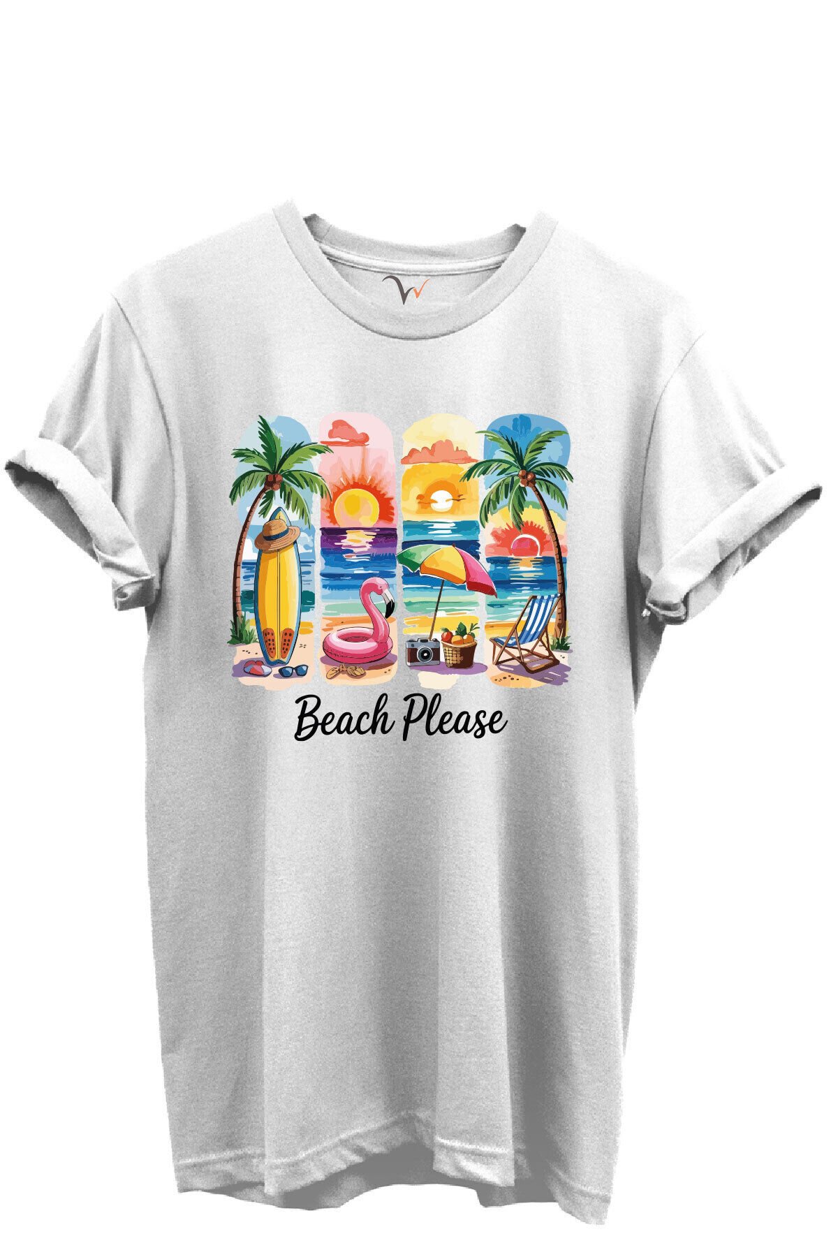 Beach Please Yazılı Renkli Plaj ve Gün Batımı Temalı %100 Pamuk Regular Fit Unisex T-Shirt Beyaz - 3XL