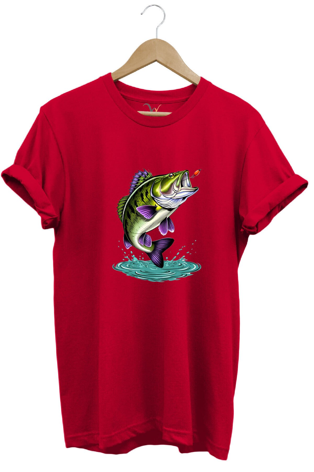 Fishing Balıkçılık Levrek Balığı Baskılı Avcı %100 Pamuk Regular Fit Unisex T-Shirt Kırmızı - 3XL