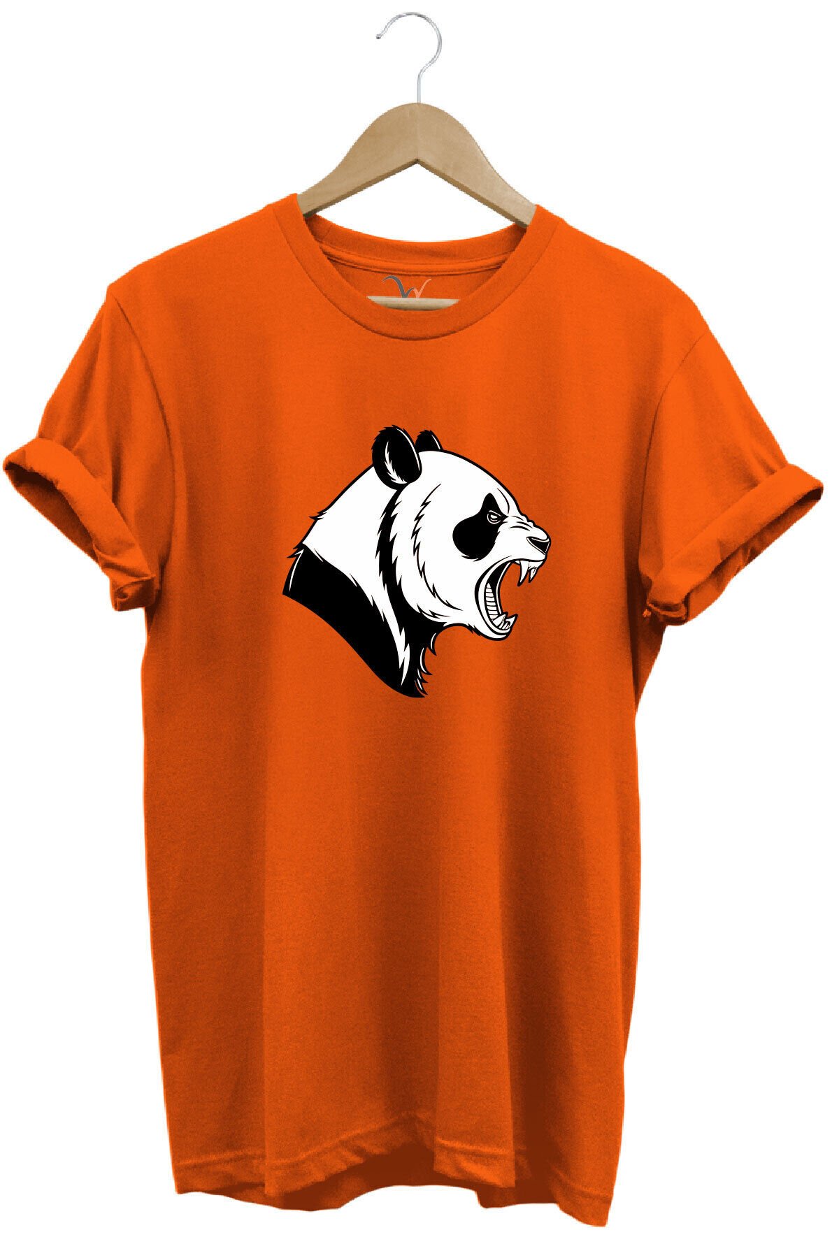 Kızgın Kükreyen Panda Baskılı %100 Pamuk Bisiklet Yaka Regular Fit Mavi T-shirt Turuncu - M