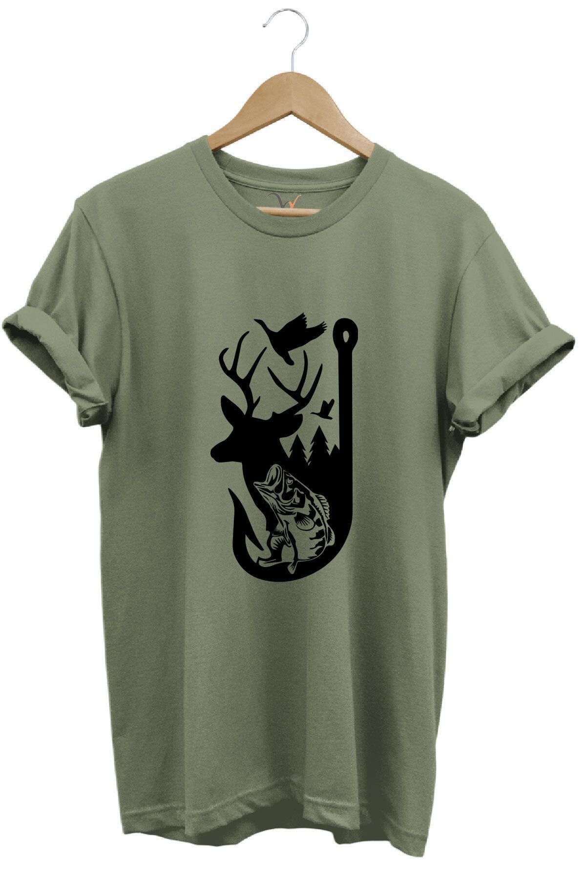 Avcılık Hunter Outdoor Geyik Balık Çulluk Baskılı %100 Pamuk Regular Fit Kırmızı T-shirt Haki Yeşil - 2XL