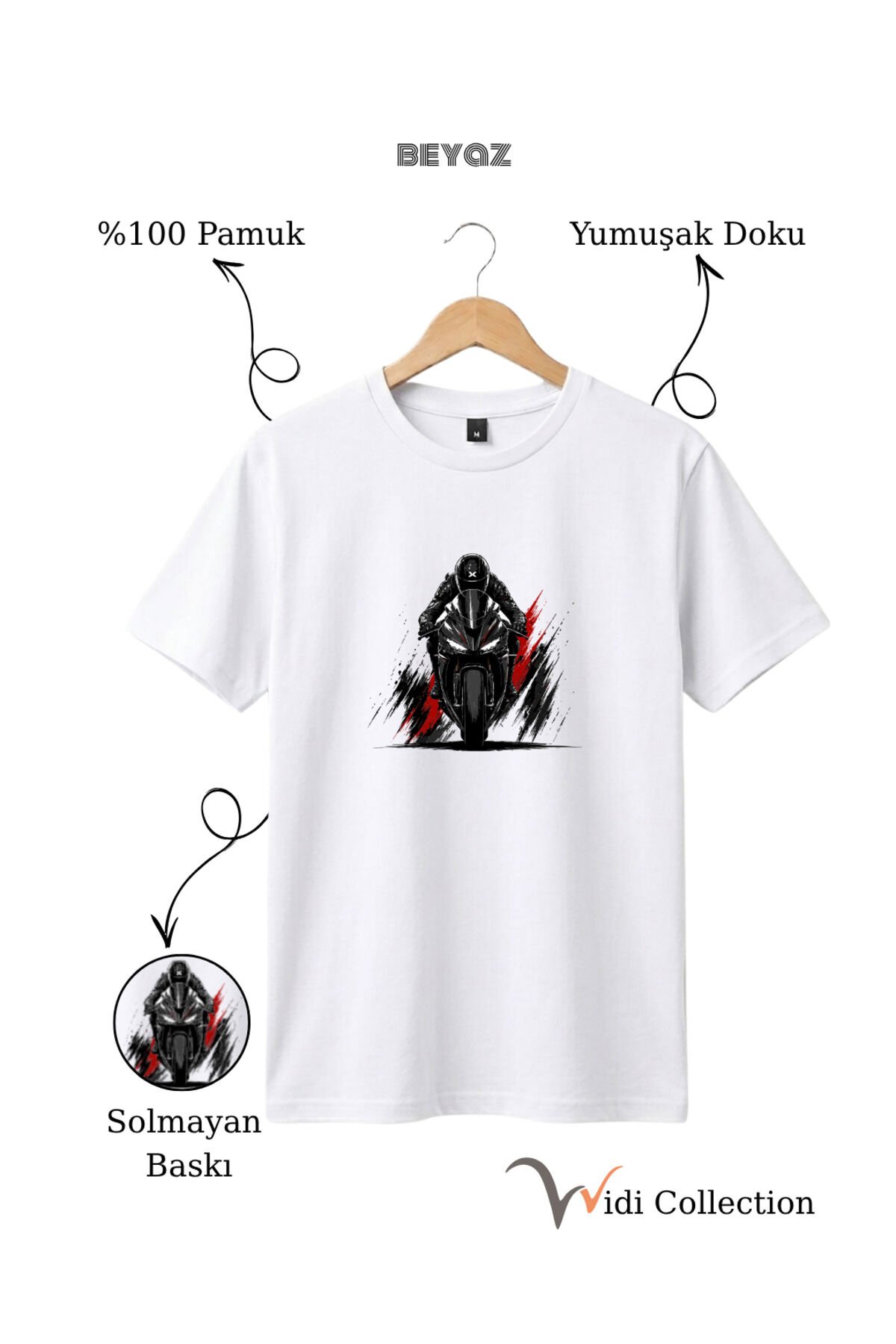 Spor Motor Baskılı Hız Temalı %100 Pamuk Unisex Regular Fit T-Shirt Beyaz - 3XL