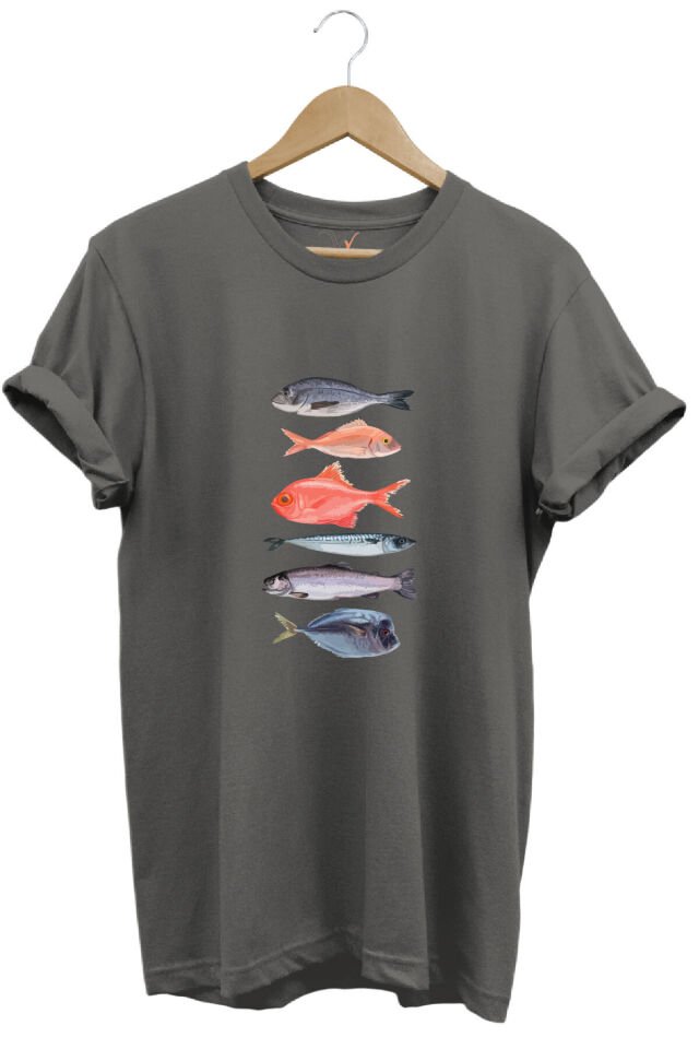 Fishing Balıkçılık Baskılı Renkli Çeşitli Balık Tasarım %100 Pamuk Regular Fit Bisiklet Yaka T-Shirt Gri - L