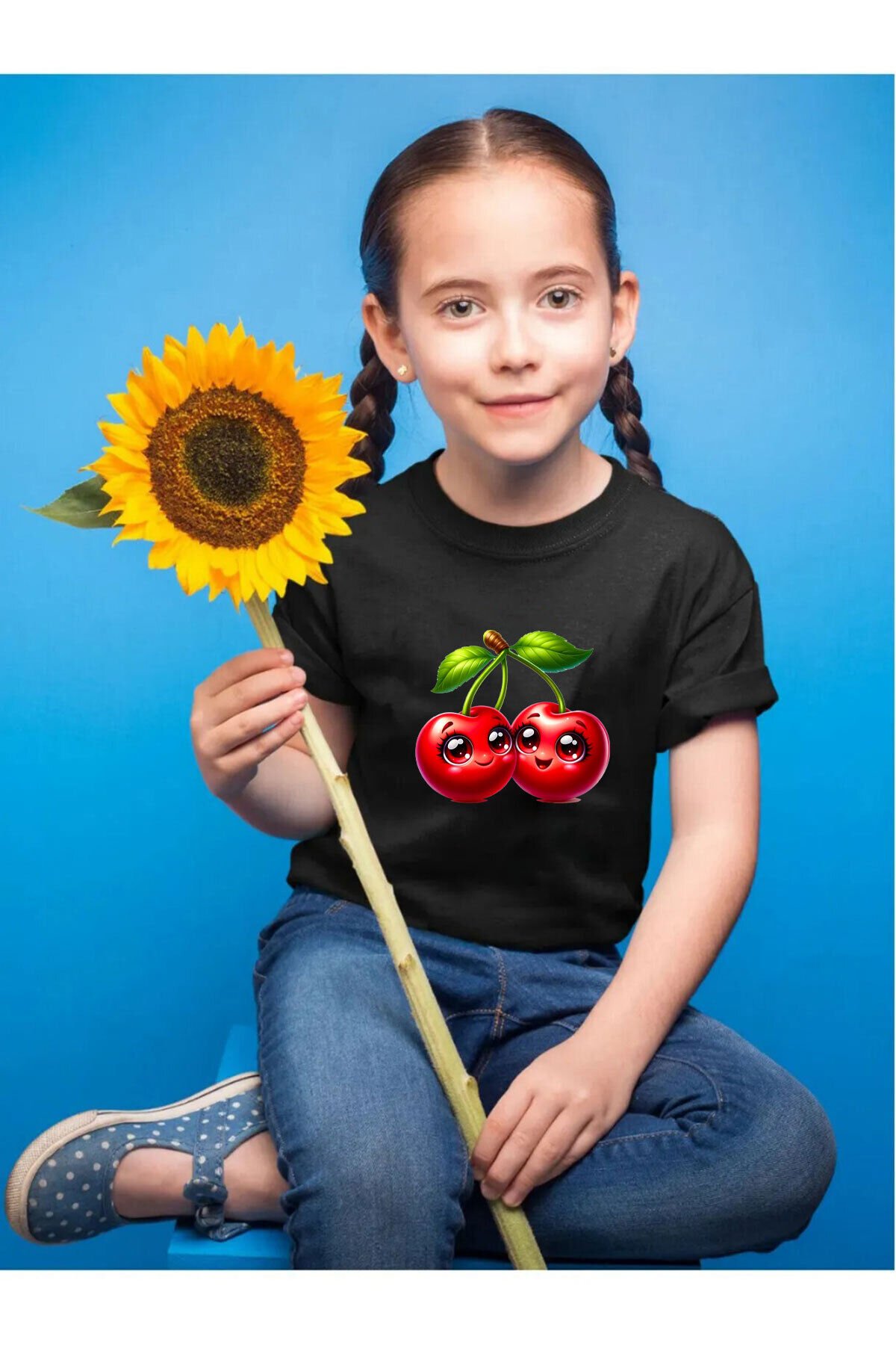 Sevimli Kiraz Baskılı Çocuk %100 Pamuk Beyaz T-shirt Siyah - 13-14 Yaş