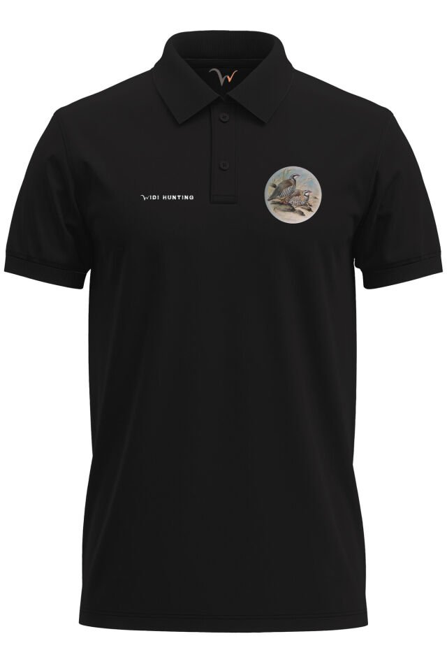 Avcılık Widi Hunting Keklik Kuşu Baskılı %100 Pamuk Regular Fit Polo Lacivert T-shirt Siyah - S