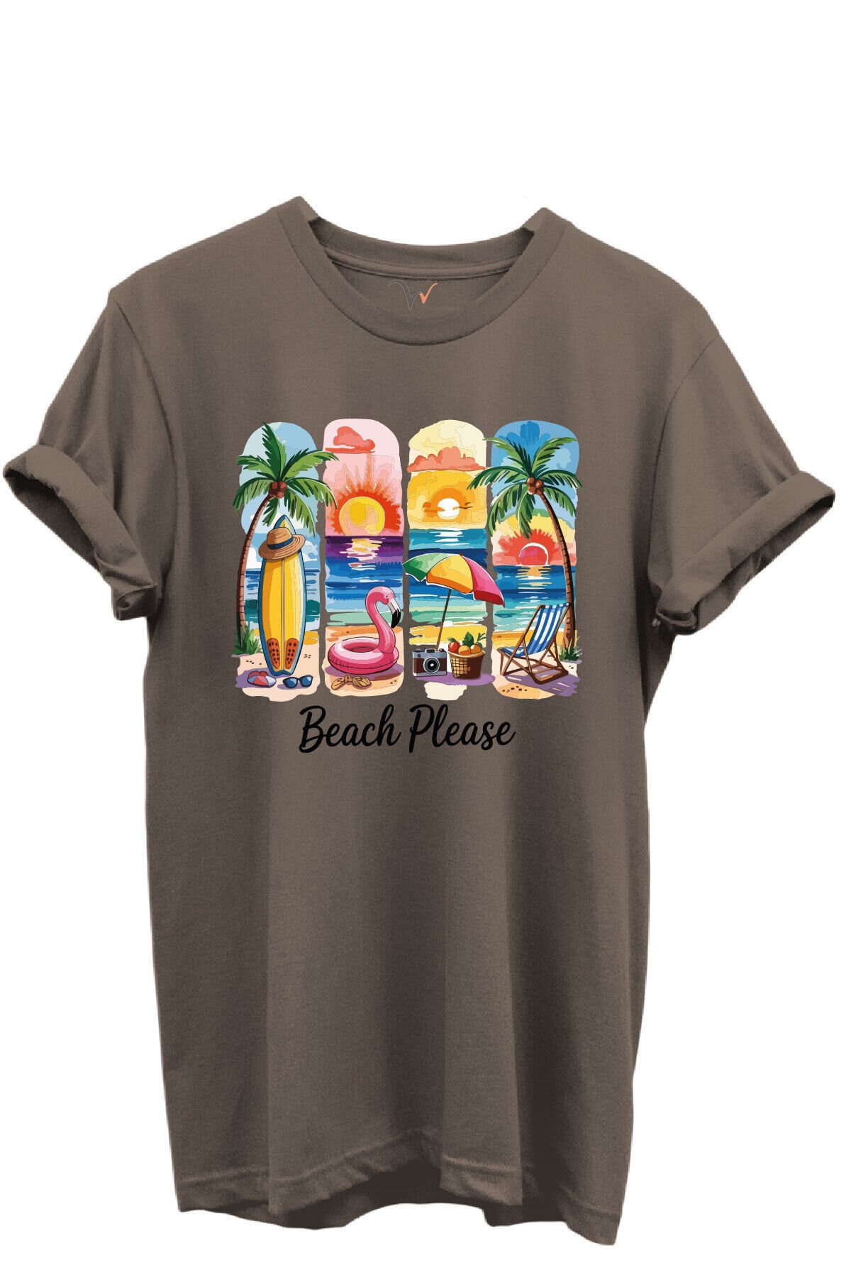 Beach Please Yazılı Renkli Plaj ve Gün Batımı Temalı %100 Pamuk Regular Fit Unisex T-Shirt Kahverengi - XL