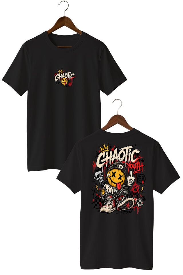 Chaotic Youth Graffiti Baskılı Oversize Unisex T-Shirt – Grunge Streetwear Grafik Tişört