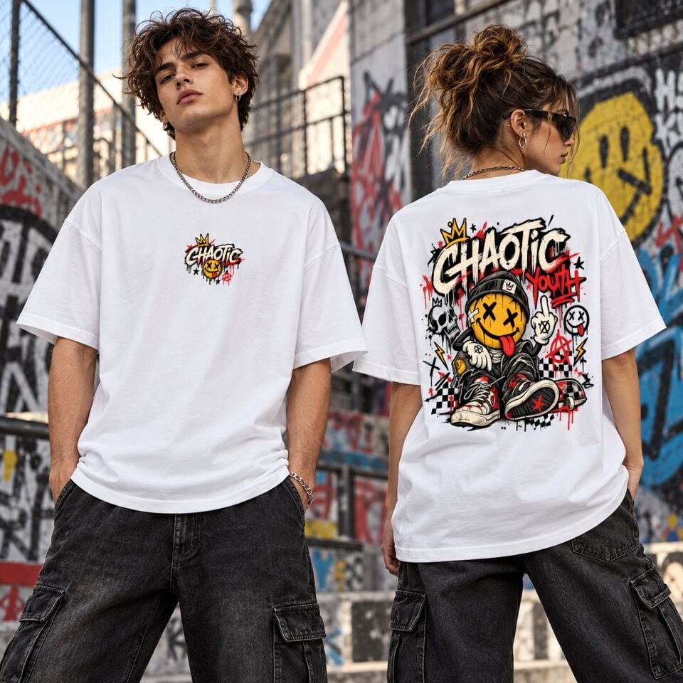 Chaotic Youth Graffiti Baskılı Oversize Unisex T-Shirt – Grunge Streetwear Grafik Tişört