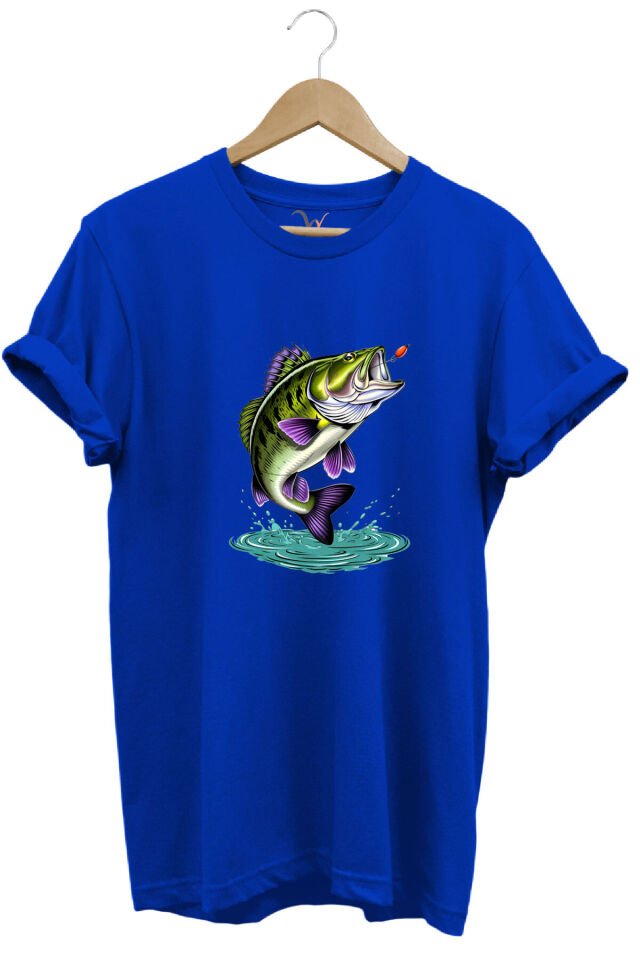 Fishing Balıkçılık Levrek Balığı Baskılı Avcı %100 Pamuk Regular Fit Unisex T-Shirt Mavi - S