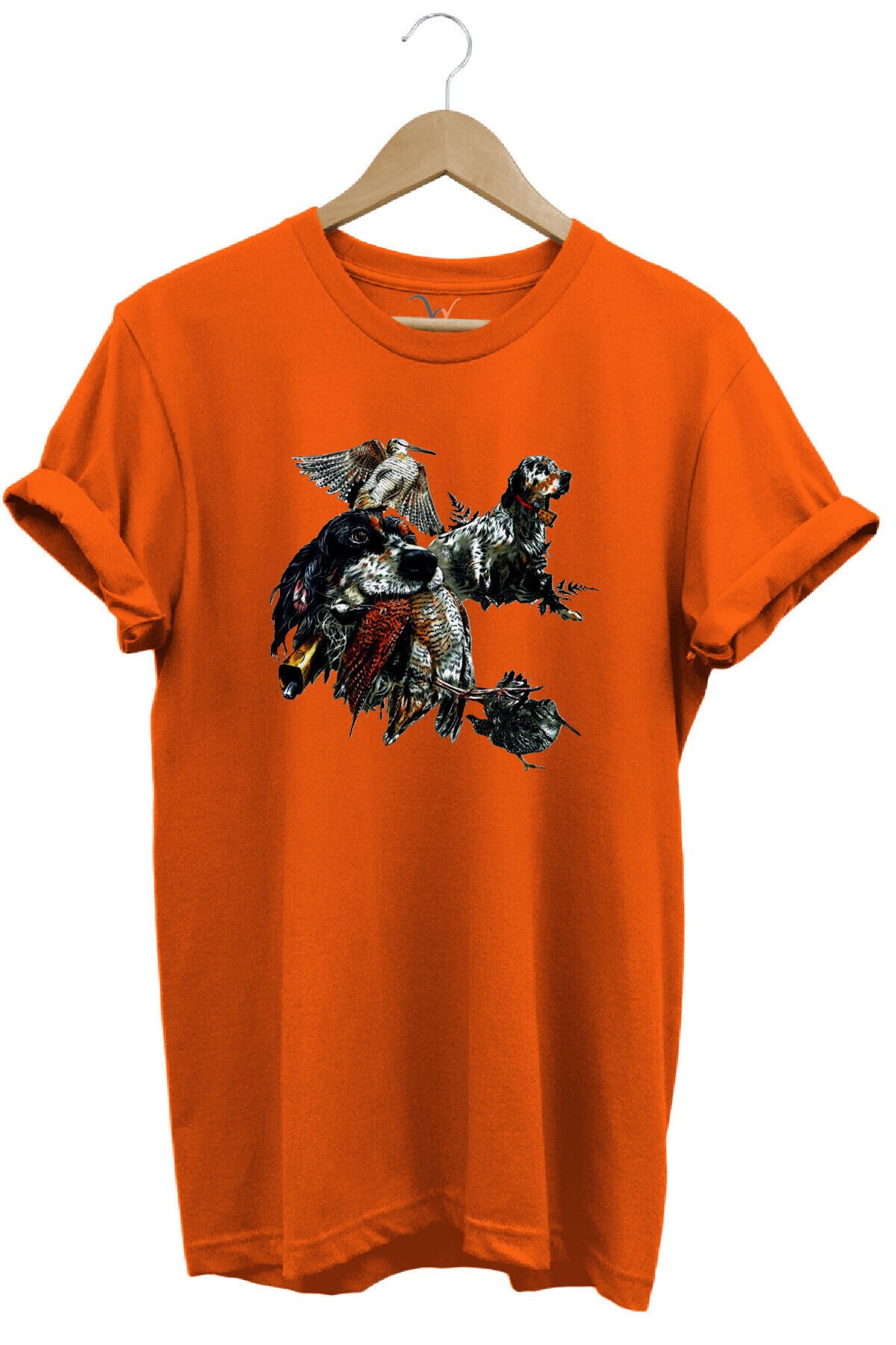 Avcılık Temalı English Setter ve Kuş Baskılı %100 Pamuk Unisex Regular Fit T-Shirt Turuncu - XL