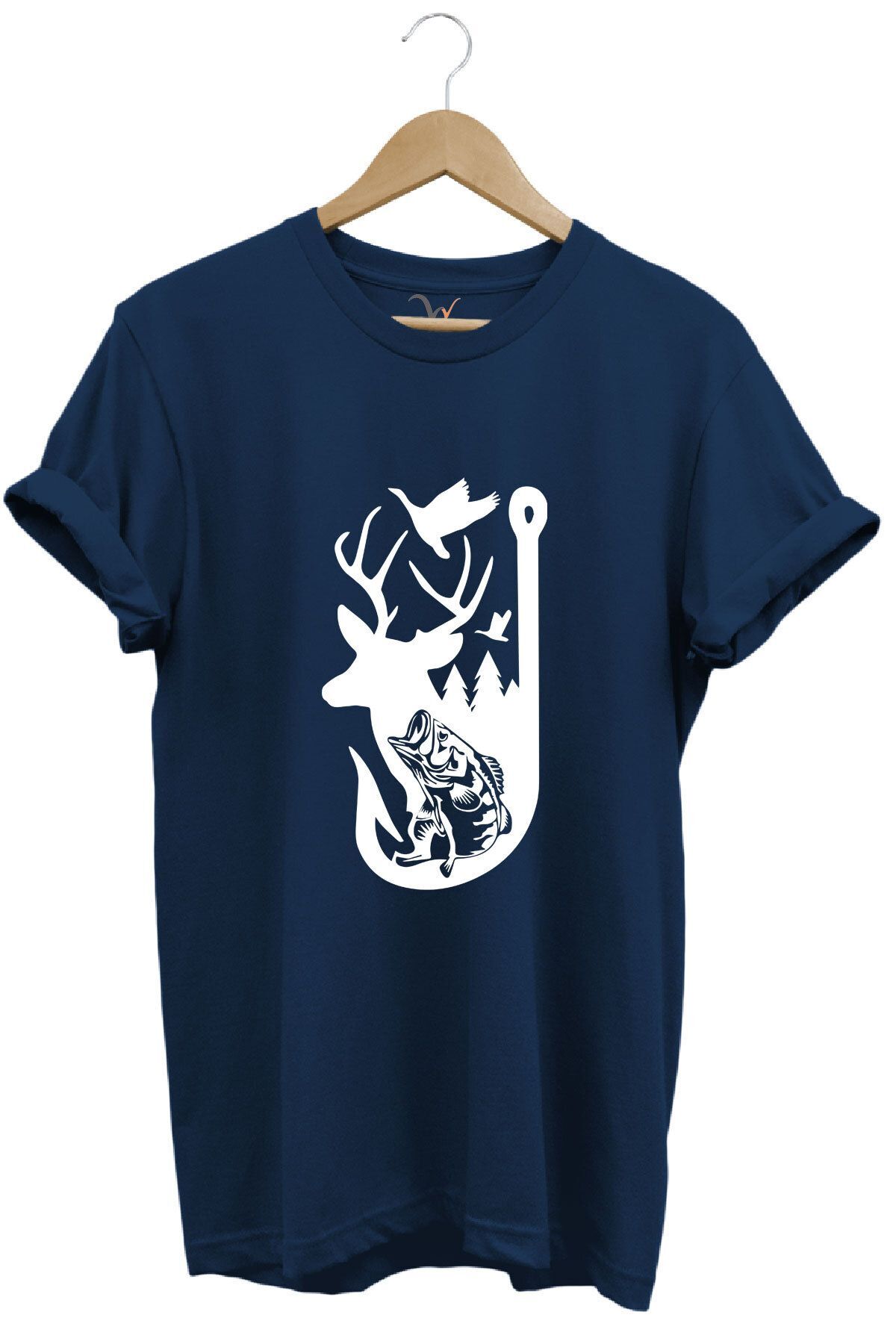 Avcılık Hunter Outdoor Geyik Balık Çulluk Baskılı %100 Pamuk Regular Fit Kırmızı T-shirt Lacivert - L