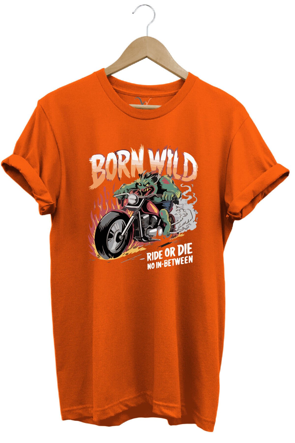 Motorsiklet Born Wild Ride or Die Baskılı Kuru Kafa %100 Pamuk Regular Fit Bisiklet Yaka T-Shirt Turuncu - 3XL
