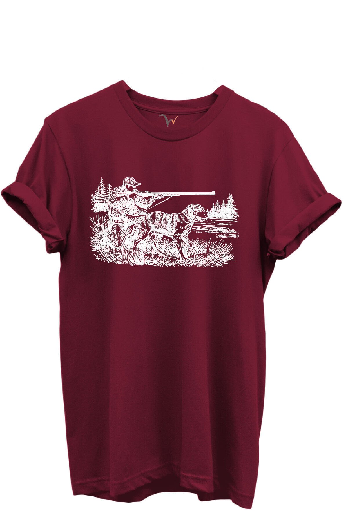 Avcı ve Av Köpeği Av Sahnesi Çizim Baskılı %100 Pamuk Regular Fit Bisiklet Yaka Unisex T-shirt Bordo - 3XL