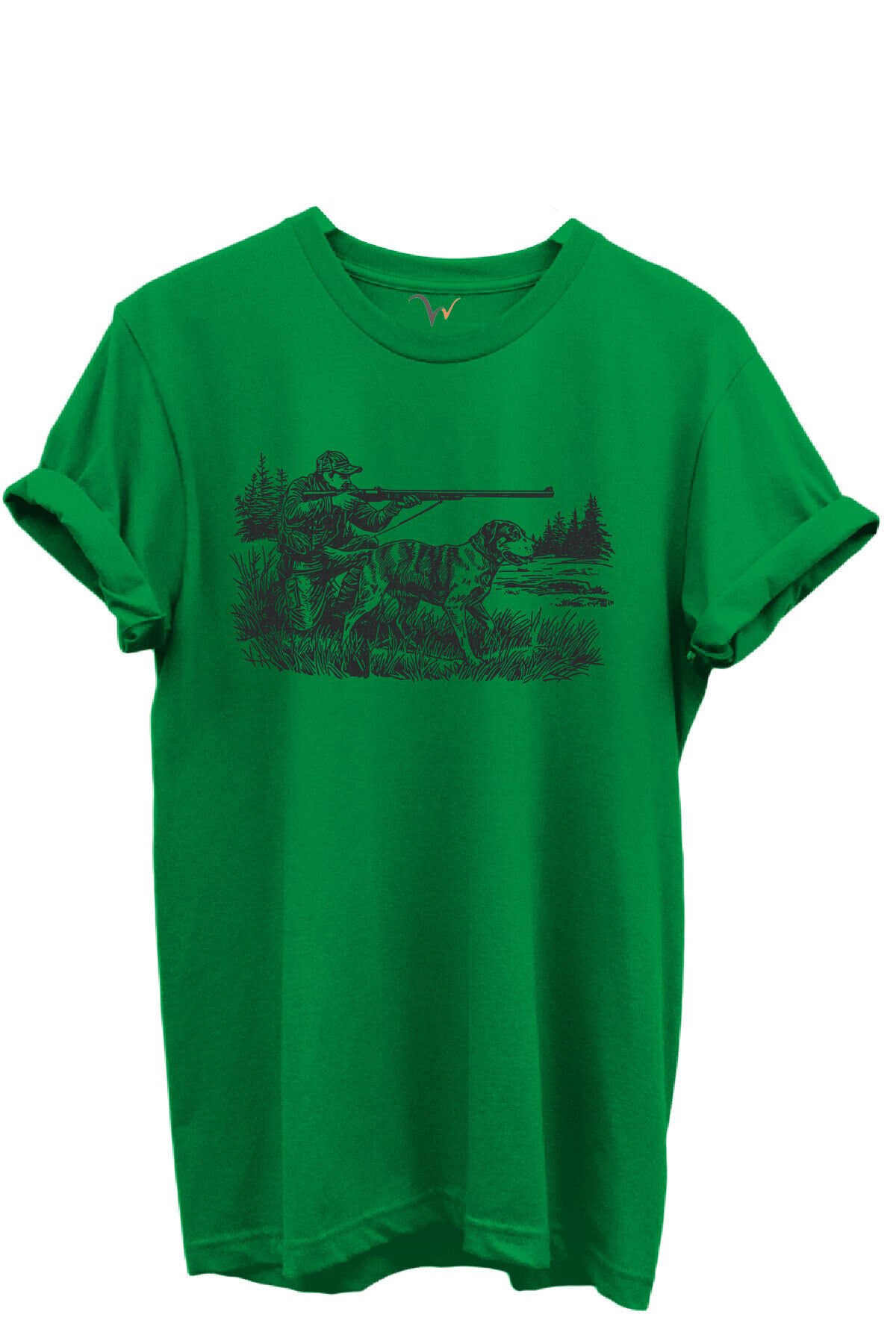 Avcı ve Av Köpeği Av Sahnesi Çizim Baskılı %100 Pamuk Regular Fit Bisiklet Yaka Unisex T-shirt Yeşil - 3XL