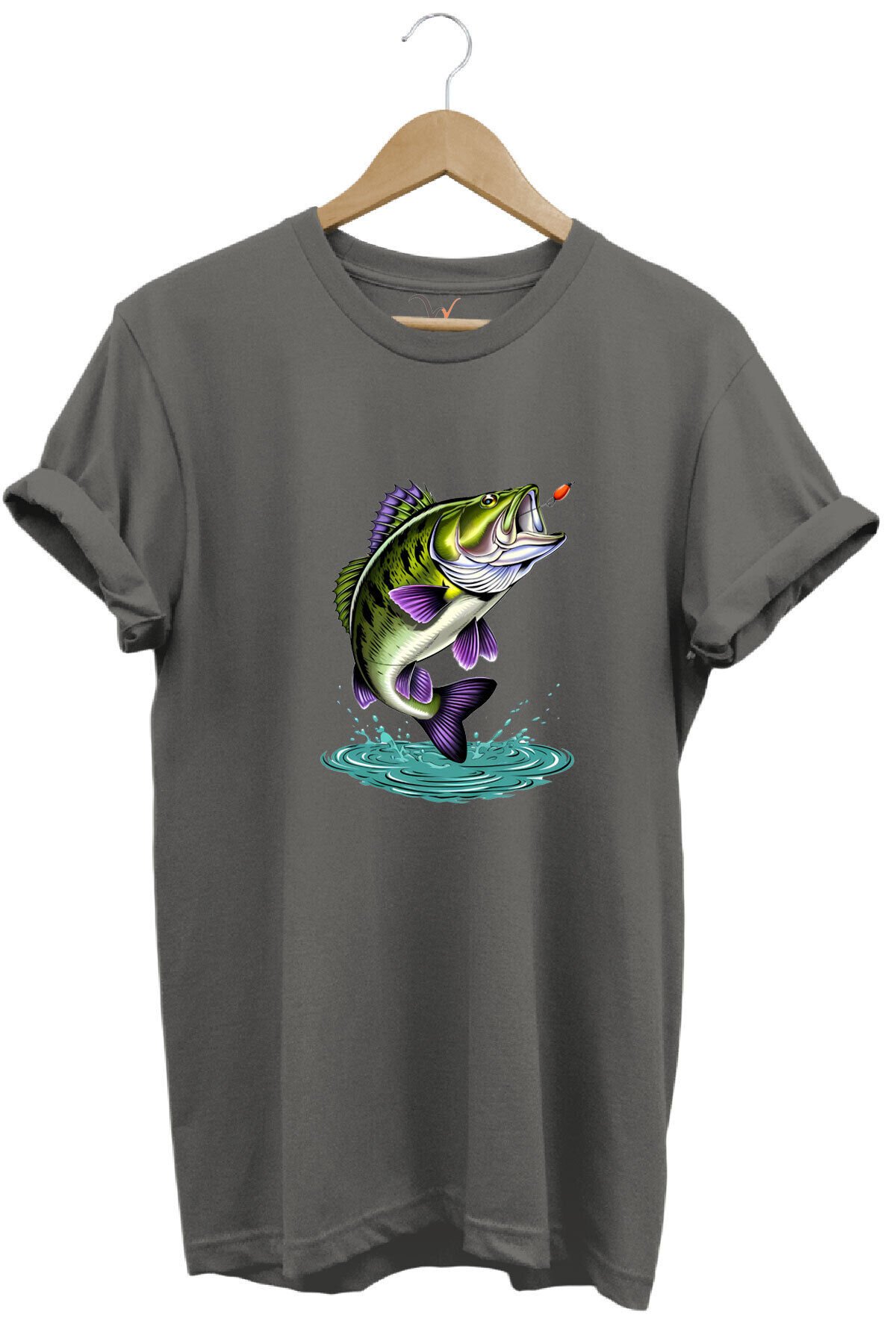 Fishing Balıkçılık Levrek Balığı Baskılı Avcı %100 Pamuk Regular Fit Unisex T-Shirt Gri - XL