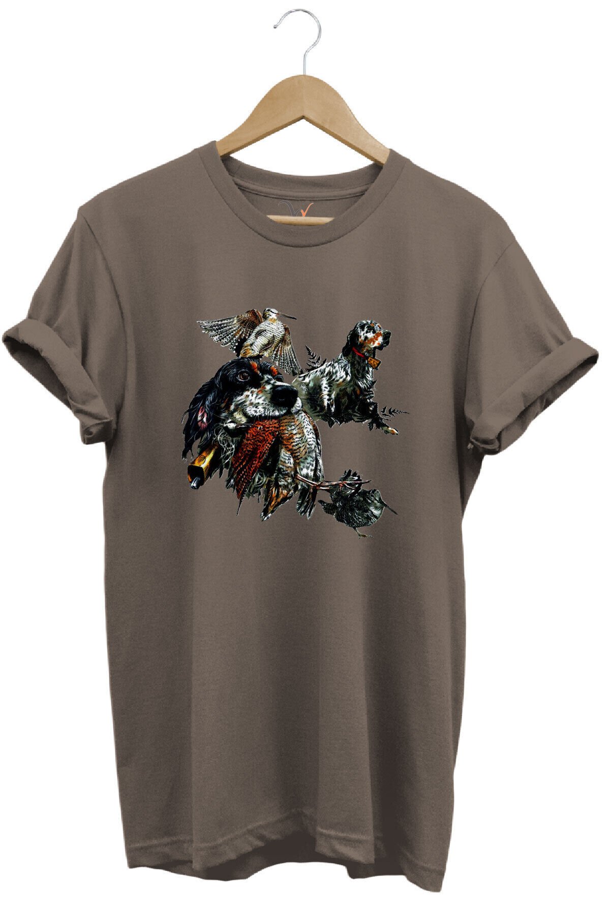 Avcılık Temalı English Setter ve Kuş Baskılı %100 Pamuk Unisex Regular Fit T-Shirt Kahverengi - 3XL