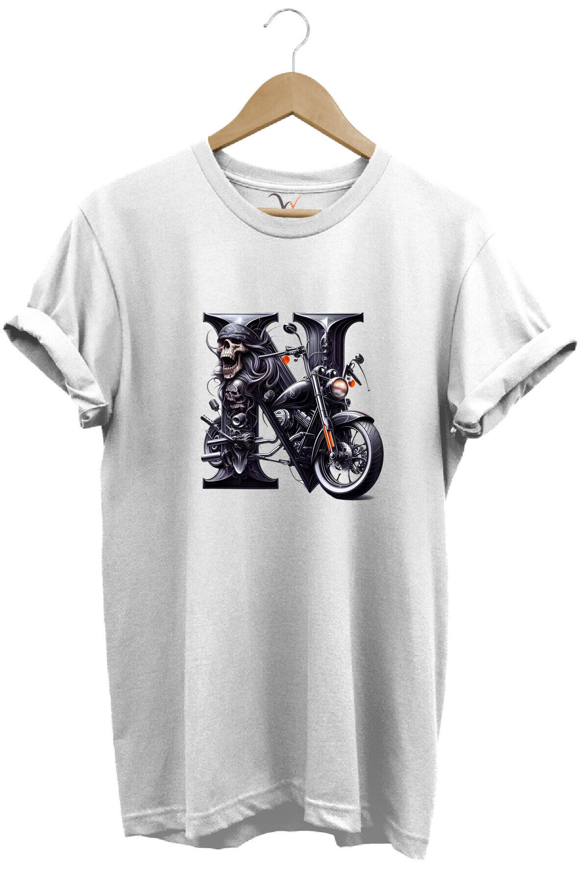 N Harfi Baskılı Motosiklet Kuru Kafa %100 Pamuk Regular Fit Bisiklet Yaka Beyaz T-shirt Beyaz - L