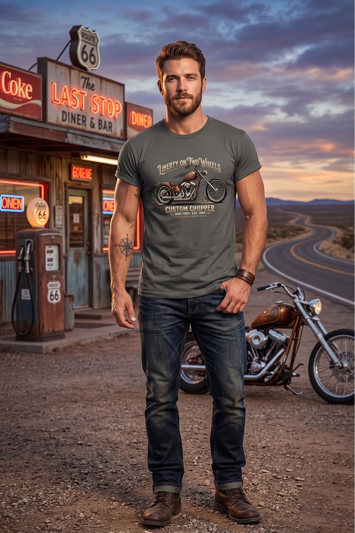 Retro Motosiklet İllüstrasyon Baskılı Pamuklu Unisex Tişört T-shirt Antrasit - S