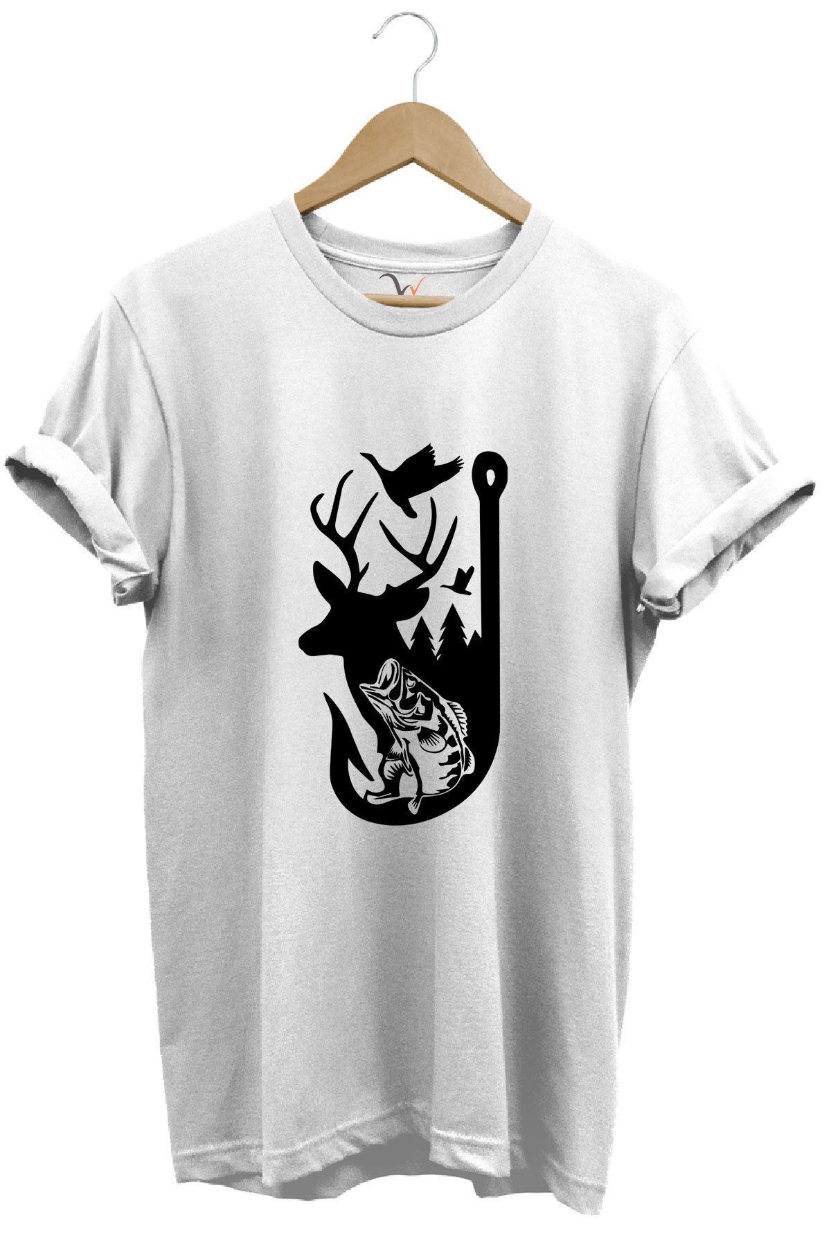 Avcılık Hunter Outdoor Geyik Balık Çulluk Baskılı %100 Pamuk Regular Fit Kırmızı T-shirt Beyaz - 2XL