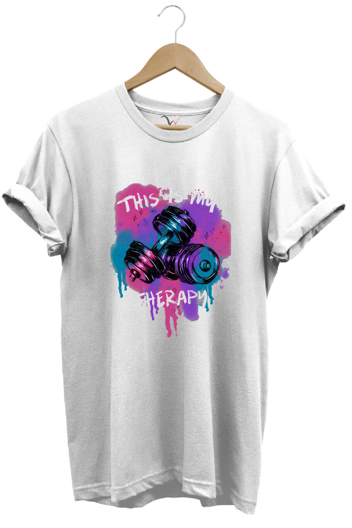 This is my therapy Gym Sporcu Fitness Dambıl Baskılı %100 Pamuk Regular Fit Bisiklet Yaka T-shirt Beyaz - L