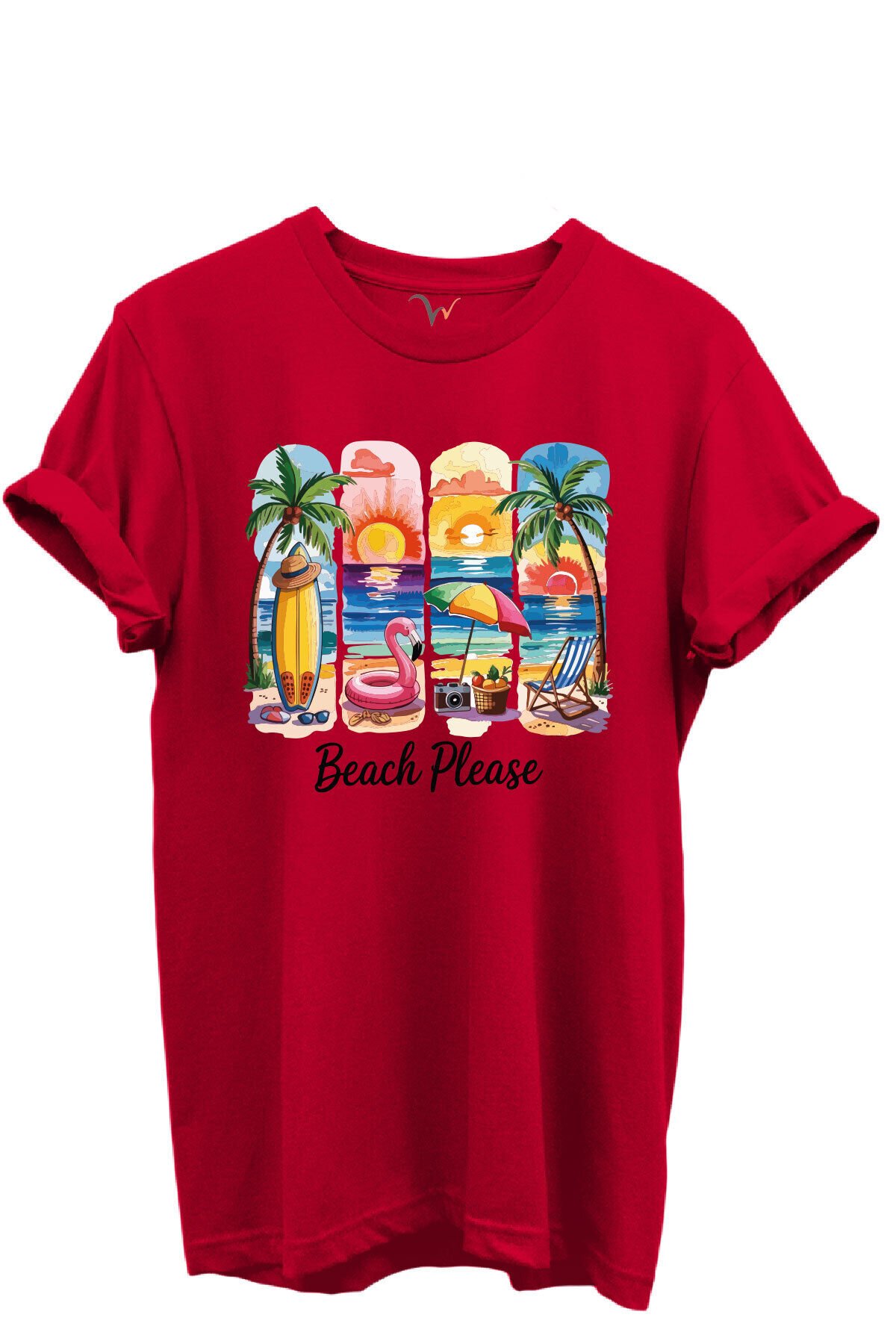 Beach Please Yazılı Renkli Plaj ve Gün Batımı Temalı %100 Pamuk Regular Fit Unisex T-Shirt Kırmızı - XL
