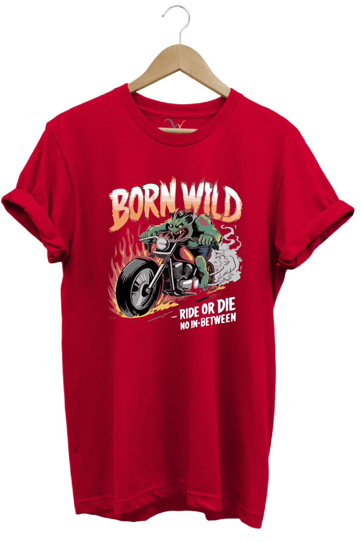 Motorsiklet Born Wild Ride or Die Baskılı Kuru Kafa %100 Pamuk Regular Fit Bisiklet Yaka T-Shirt Kırmızı - M