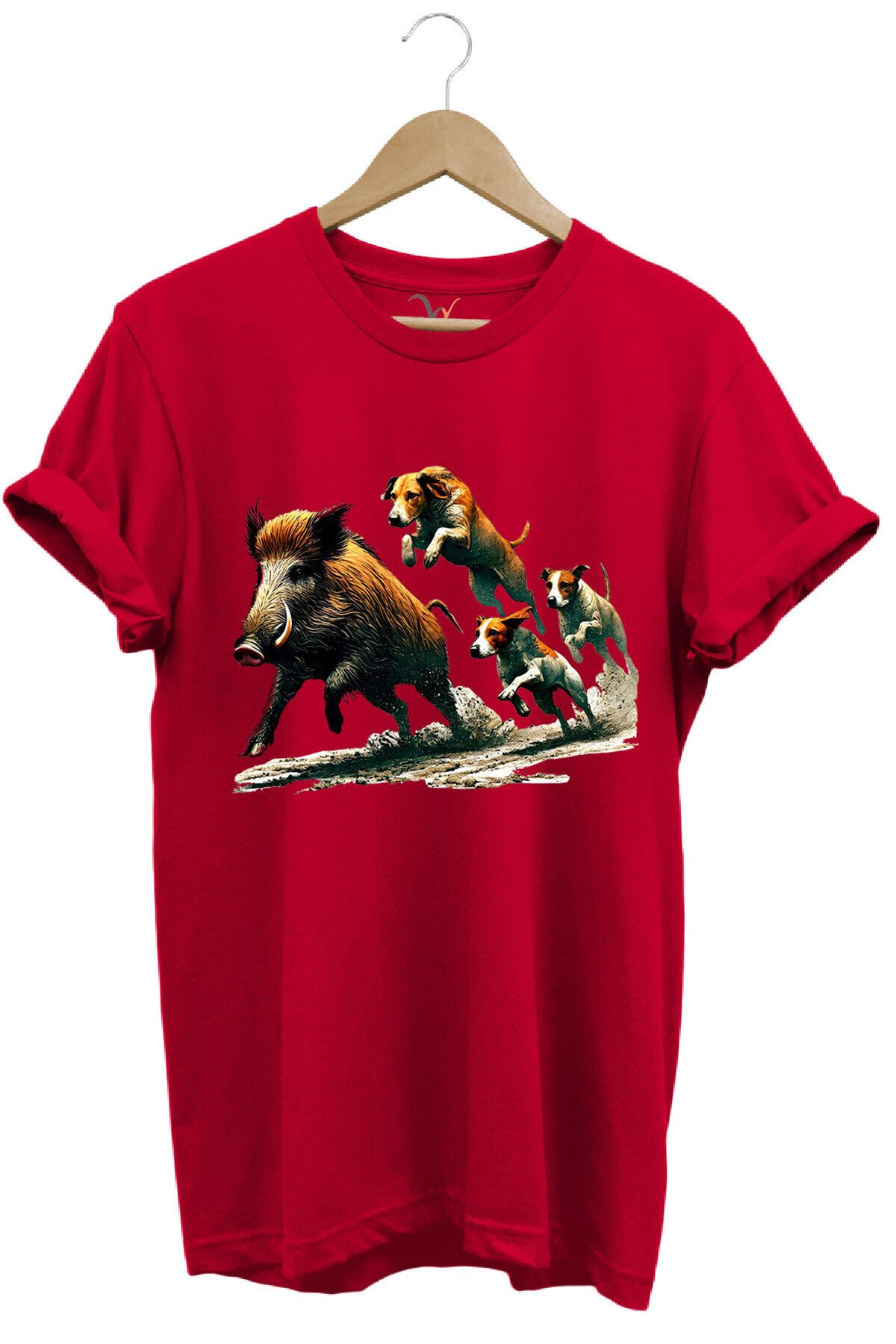 Avcılık Hunter Domuz Avı Ve Av Köpekleri Baskılı Regular Fit %100 Pamuk Gri T-shirt Kırmızı - 2XL