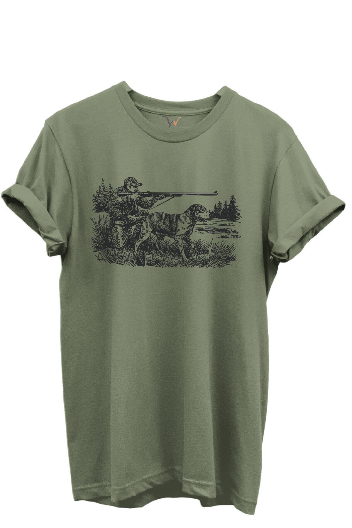Avcı ve Av Köpeği Av Sahnesi Çizim Baskılı %100 Pamuk Regular Fit Bisiklet Yaka Unisex T-shirt Haki - 2XL