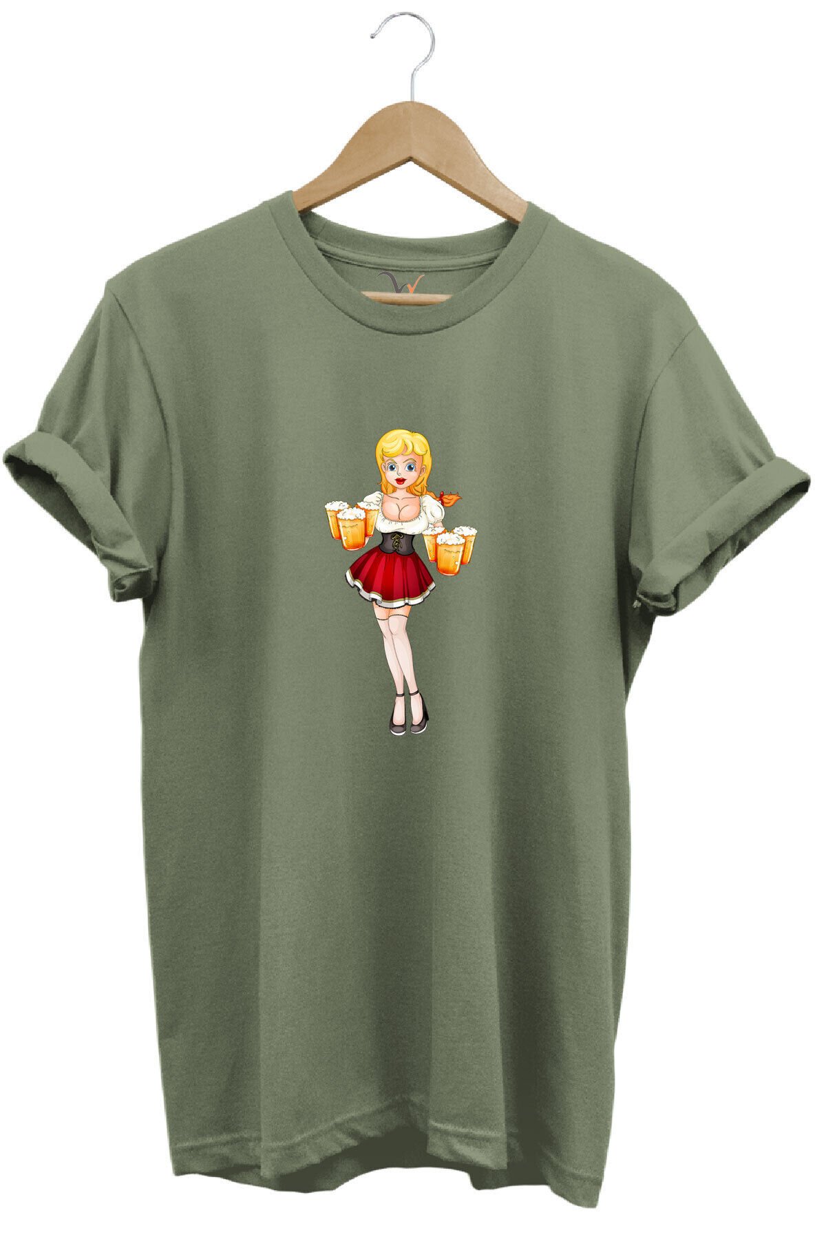 Barmen Kız Baskılı %100 Pamuk Regular Fit Bisiklet Yaka Mavi T-shirt Haki - XL